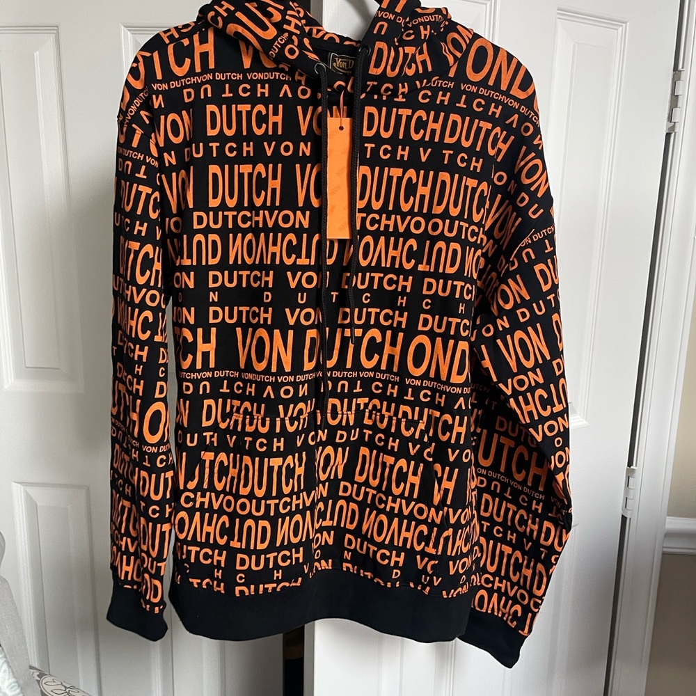 Von Dutch Paris Men's Black and Orange Zip-Front Hoodie - New With Tags
